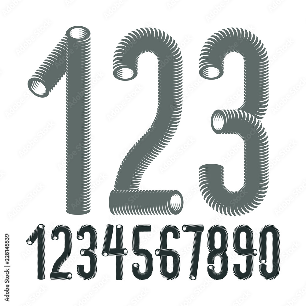 Trendy vector numerals collection. Modern condensed, tall, funky numbers from 0 to 9 best for use in logo, poster creation. Created using dimensional vacuum pipe style.