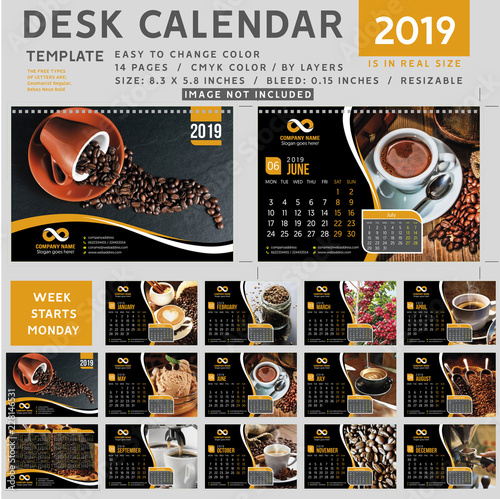Desk calendar Template for 2019 Year. Design Template. Week starts on Monday. Vector Illustration. orange calendar