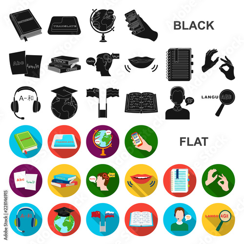 Translator and linguist flat icons in set collection for design. Interpreter vector symbol stock web illustration.