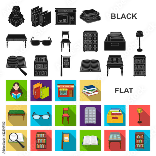 Library and bookstore flat icons in set collection for design. Books and furnishings vector symbol stock web illustration.