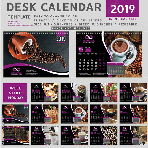 Desk calendar 2019, desktop calendar template, red calendar, Week starts on Monday, Vector Illustration, suitable for company, spiral calendar, purple calendar