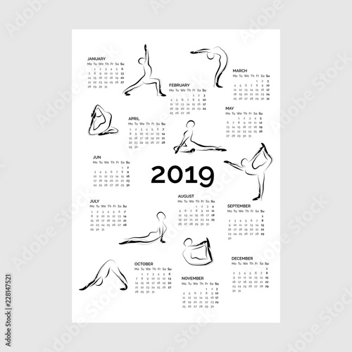 Calendar 2019 with yoga poses vector illustration