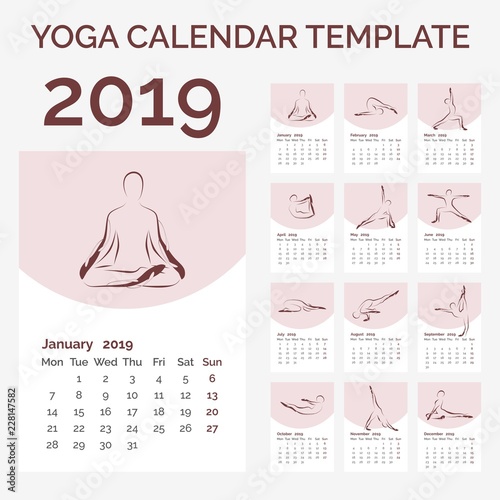 Calendar 2019 with yoga poses vector illustration