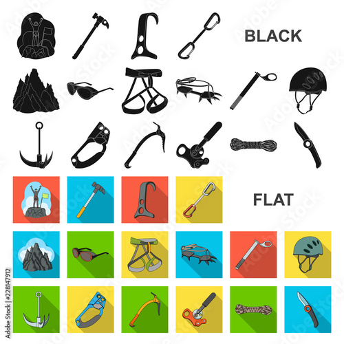 Mountaineering and climbing flat icons in set collection for design. Equipment and accessories vector symbol stock web illustration.