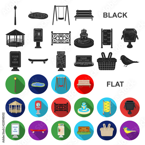 Park, equipment flat icons in set collection for design. Walking and rest vector symbol stock web illustration.
