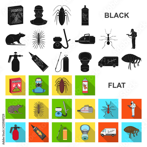 Pest, poison, personnel and equipment flat icons in set collection for design. Pest control service vector symbol stock web illustration.