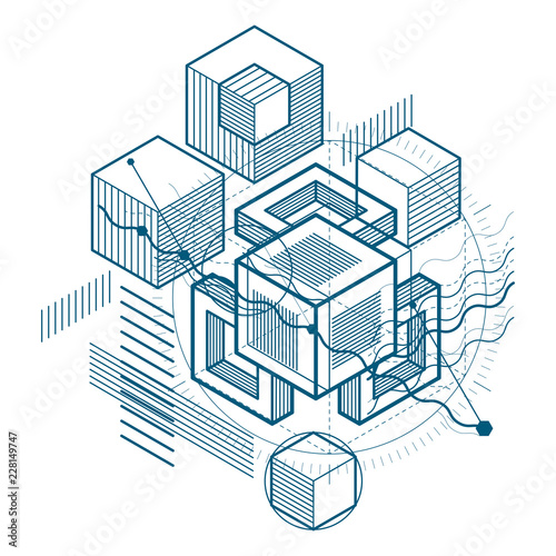 Isometric linear abstract vector background, lined abstraction. Cubes, hexagons, squares, rectangles and different abstract elements.