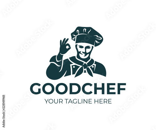 Chef or cook in cap and shows gesture okay, logo design. Kitchen, restaurant, snack bar, gastronomy and cooking food, vector design and illustration