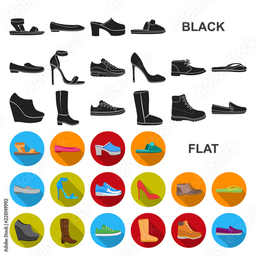 A variety of shoes flat icons in set collection for design. Boot, sneakers vector symbol stock web illustration.