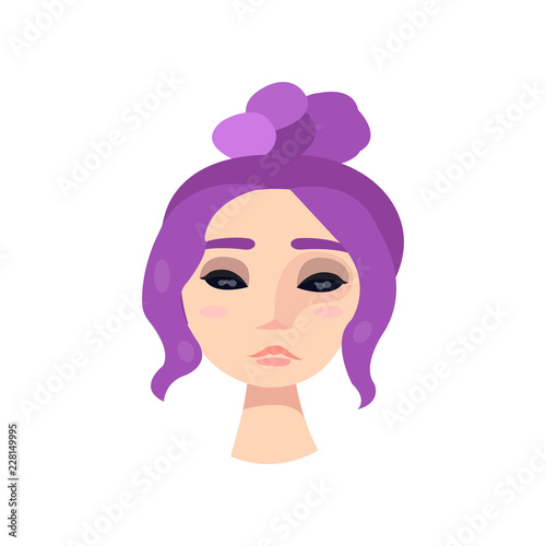 Young girl with big black eyes and violet hair.