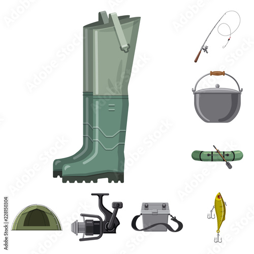 Vector illustration of fish and fishing symbol. Collection of fish and equipment stock vector illustration.