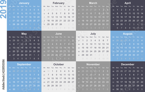 Blue colored calendar 2019 - english