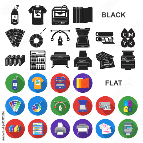 Typographical products flat icons in set collection for design. Printing and equipment vector symbol stock web illustration.