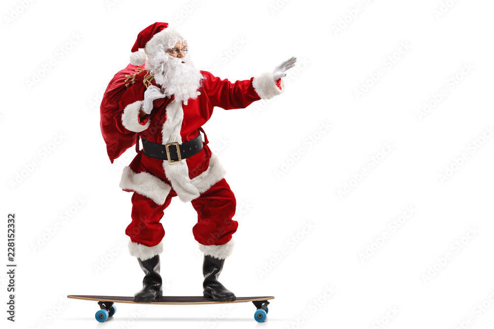 Santa Claus riding a longboard isolated Santa Claus riding a longboard isolated