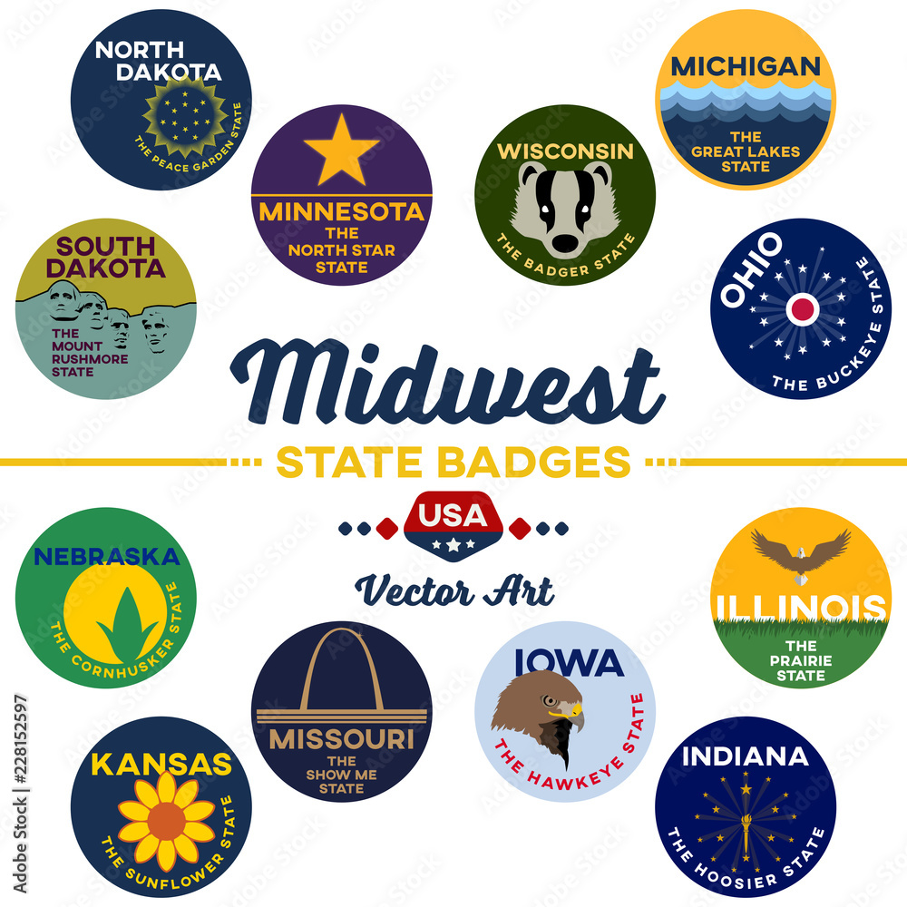 united states | midwest state digital badges | vector art - obrazy, fototapety, plakaty 