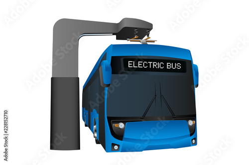 Blue electric bus at a stop is charged by pantograph. Vector illustration EPS 10