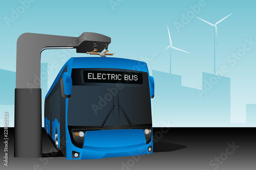 Blue electric bus at a stop is charged by pantograph. Vector illustration EPS 10