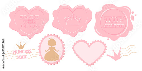 Set of cute pink vector stamps. Princess stickers collection for decoration vintage invite card, diary, notebook, album. Perforated edge label. Secret mail letter with wax. Design lol doll surprise