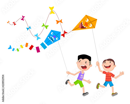 Children launch a kite, two boys with kites on white.