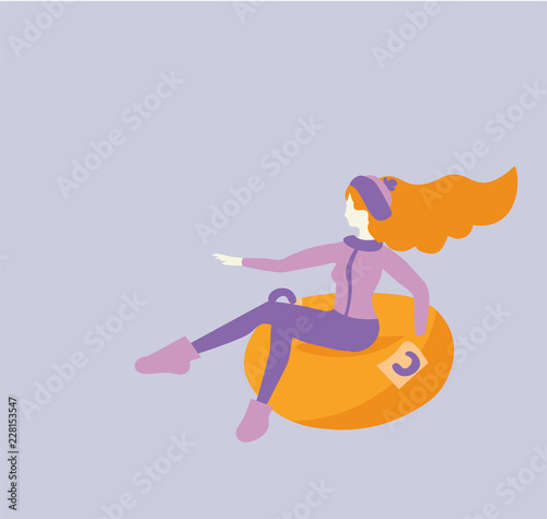 Vector cartoon flat girl in hat sledging at inflatable tube, snowtubing outdoors in winter with long red hairs . Young joyful caucasian white woman sledding on snow rubber tube.Winter activity concept