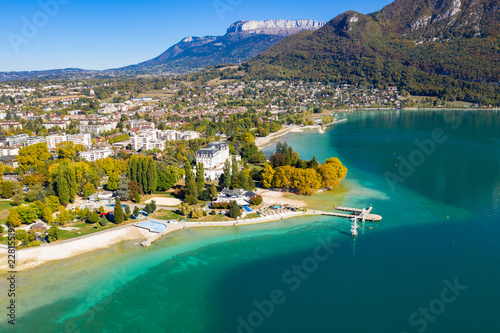 Aerial view of Annecy lake waterfront low tide level due to the drought in France photo