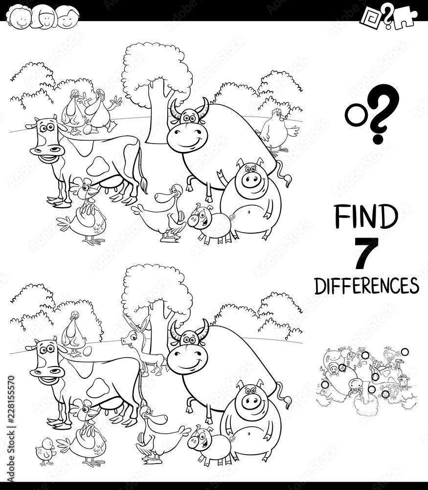 differences game with farm animals color book