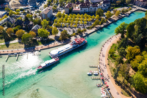 Aerial view of Annecy lake waterfront low tide level due to the drought in France