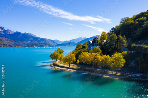 Fototapeta Naklejka Na Ścianę i Meble -  Aerial view of Annecy lake waterfront in France