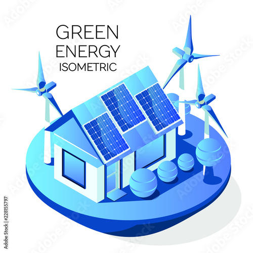 Green energy and eco friendly modern home. Solar panels and wind turbine generating electricity. Isometric 3d