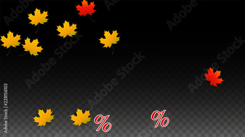 Vector Percentage Sign and Autumn Leaves Confetti on Transparent Background. Percent Sale Background. Business, Economics, Finance Print. Discount Illustration. Promotion poster. Black Friday Banner. 