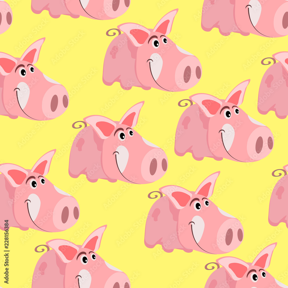 Seamless pattern with the image of a cartoon pink pig, the symbol of the Chinese New Year, on an isolated background. Vector illustration