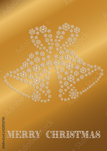 A golden Christmas card with a pair of bells formed by snowflakes