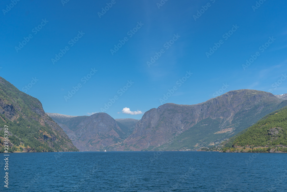 Norwegian fjord panorama. Aurlandsfjord fjord landscape from the water