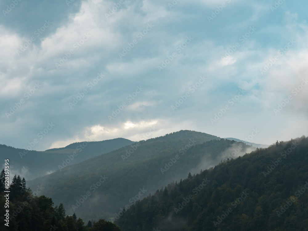 Landscape of low rainy clouds, green forest and mountain range. Carpathians mountains, west Ukraine. Wild nature background. Hillsides covered with green firs and pines. Blured background