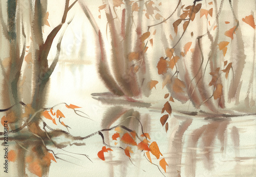 Autumn landscape with trees under the pond. Misty watercolor