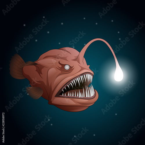 Anglerfish mouth on dark background. Luminous bait and anglerfish teeth. Vector illustration