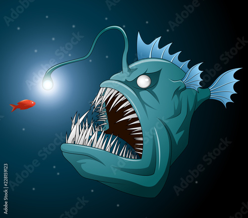 Anglerfish mouth on dark background. Luminous bait and anglerfish teeth. Vector illustration