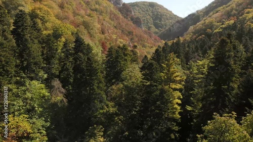 Aerial view of mountains in national park Cheile Nerei Beusnita in Romania. Part of Carpathian mountains with beautiful autumn colors.