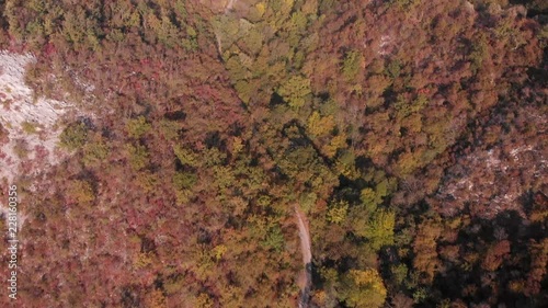 Aerial view of mountains in national park Cheile Nerei Beusnita in Romania. Part of Carpathian mountains with beautiful autumn colors.