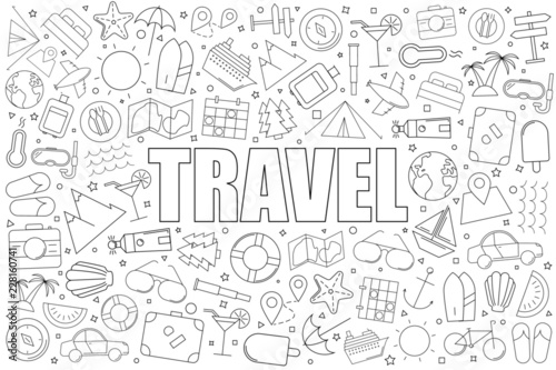 Travel background from line icon. Linear vector pattern. Vector illustration