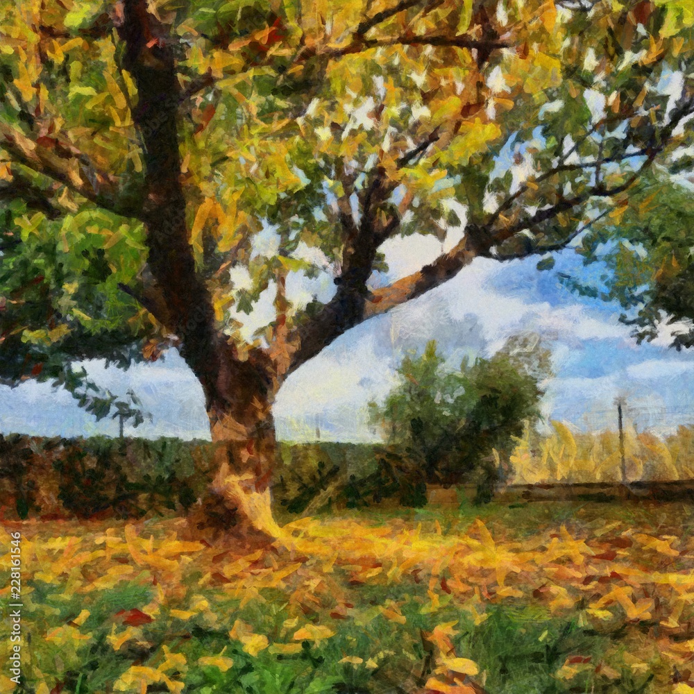 Hand drawing watercolor art on canvas. Artistic big print. Original modern painting. Acrylic dry brush background. Beautiful autumn landscape. Single tree with green and yellow leaves. Hand drawing watercolor art on canvas. Artistic big print. Original modern painting. Acrylic dry brush background. Beautiful autumn landscape. Single tree with green and yellow leaves.