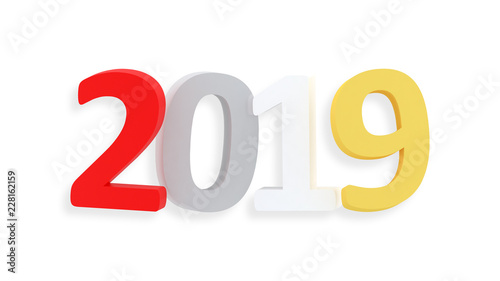 2019 3d sign. New Year. 2019 numbers isolated on white. Simple shapes. Year of Earth Pig. Winter holiday. Happy New Year. 3d illustration.