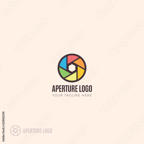 Photography logo branding with colorful camera lens aperture blades vector illustration