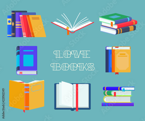 Set of isolated opened textbooks, book with mark