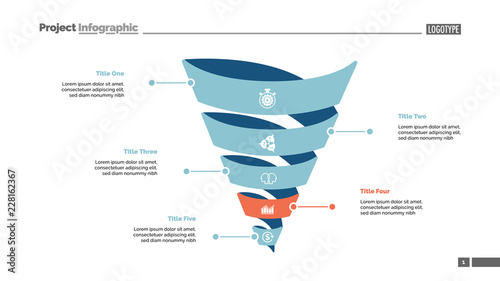 Five spiral turns process chart slide template. Business data. Step, point, design. Creative concept for infographic, presentation, report. For topics like management, marketing, recruitment.