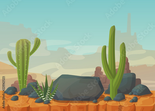 Desert scenery with mountains and cactus.