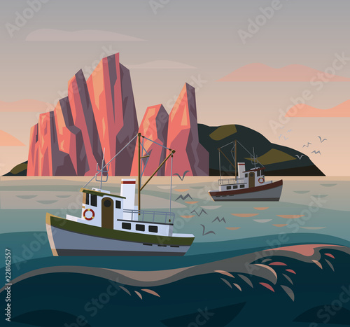 Fisherman ship or boat at sunset. Fishing