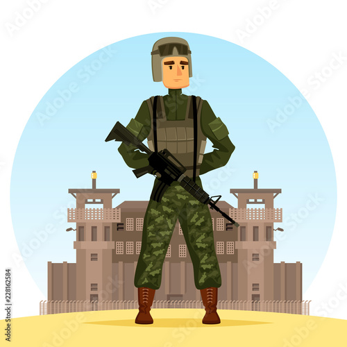 Army soldier with m16 gun near fort or prison