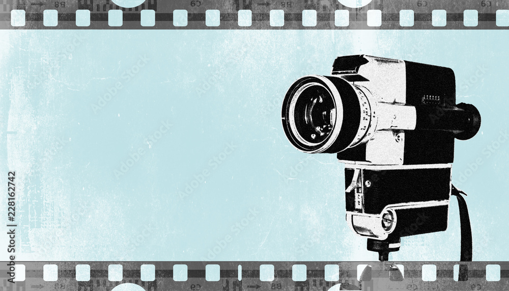 Obraz premium Vintage Kamera auf Stativ, Hintergrund mit Filmstreifen in retro Pastellfarben, blau