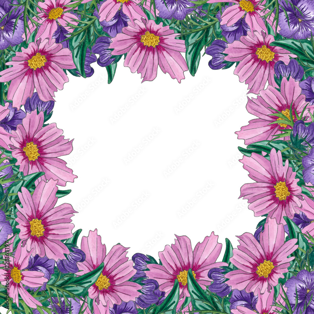 Watercolor floral frames with wild flowers and leaves. Flowers frame template. Design for invitations and postcards.